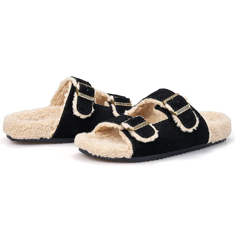 women's holiday winter sandals-Women’s Lace-up Slip-on Cow Suede Winter Fur Slippers-77307W