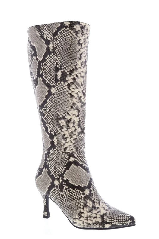 women's resilient casual pumps-KAYLEE-1 Beige Faux Snake Knee-High Boot