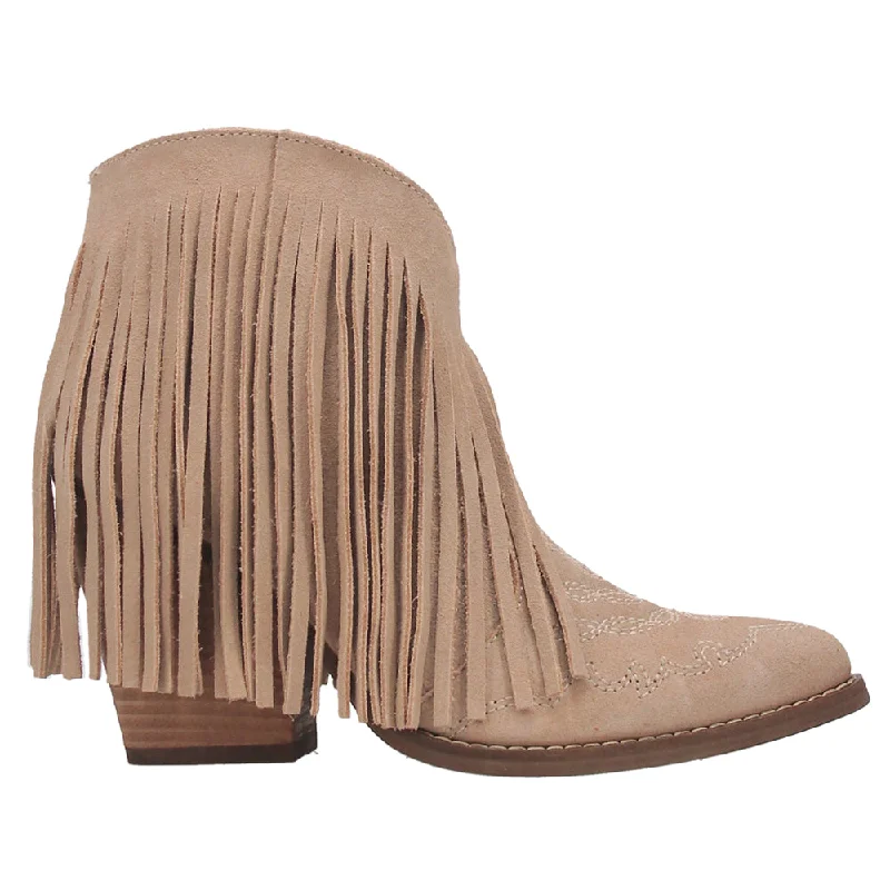 women's eggshell white heels-Tangles Fringe Embroidery Pointed Toe Pull On Booties