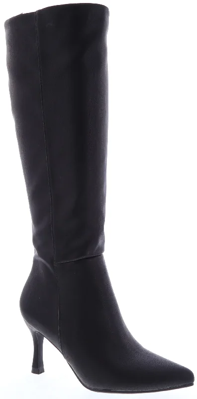 women's golden chunky sneakers-KAYLEE-1 Black Faux Leather Knee-High Boot