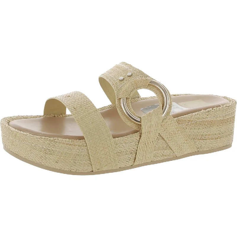 women's creamy plush sandals-Dolce Vita Womens CICILY Leather Raffia Slide Sandals