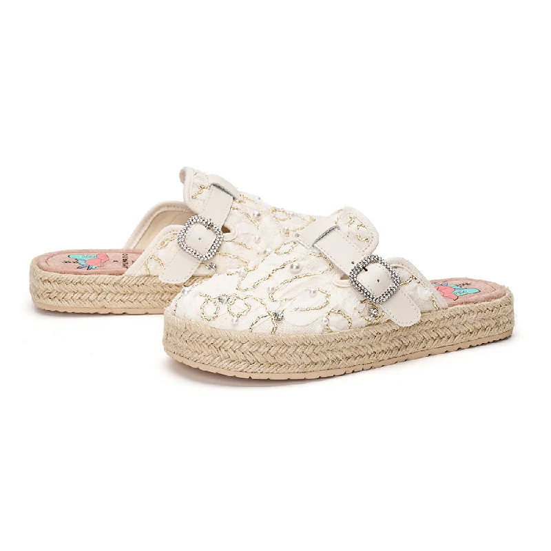 women's plush trail flats-Handmade Women’s  Slip-On Espadrille Lace Loafers-05657W