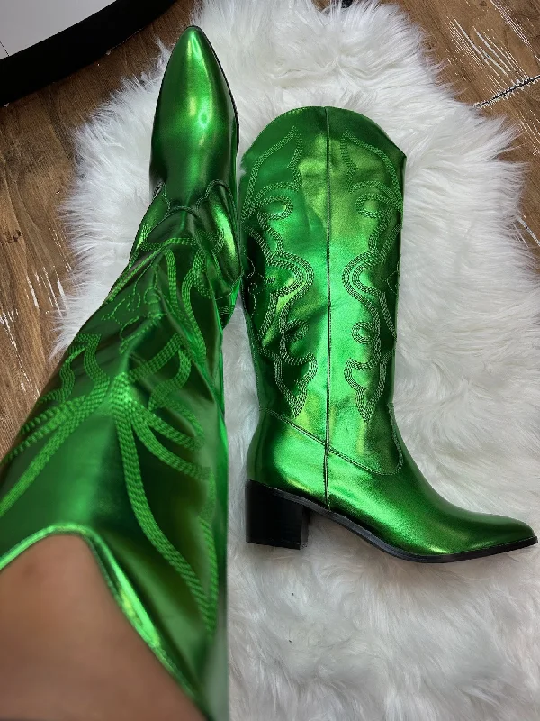 women's orchid chunky flats-MALENA/2024 Green Metallic Faux Leather Cowboy Boot Western Styling with Stitching Detail