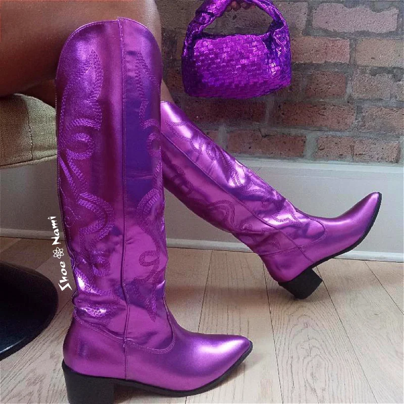 women's firm summer pumps-MALENA/2024 Purple Metallic Faux Leather Cowboy Boot Western Styling with Stitching Detail