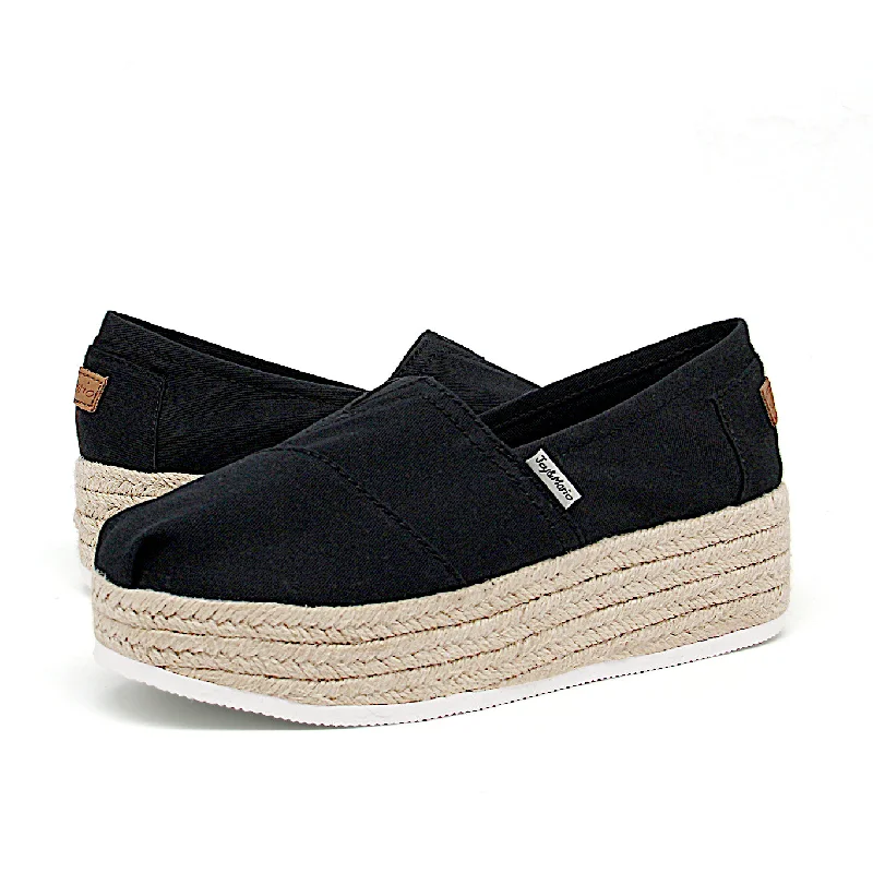 women's golden chunky sneakers-Handmade Women’s Slip-On Espadrille Denim Loafers Wedges in Black-A86118W