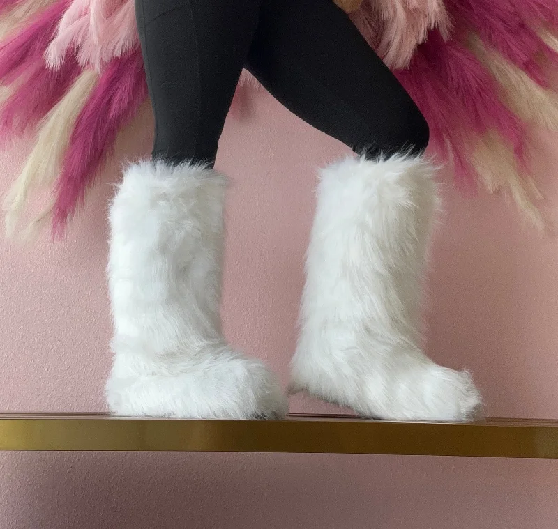 women's bubblegum slingback heels-FONDA-5 White Faux Fur Mid Calf Boot - Pull-On