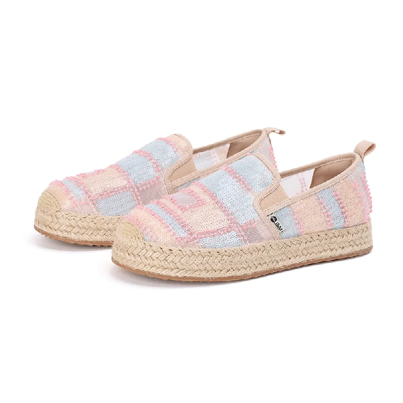 women's tough leather sandals-Handmade Women’s  Slip-On Espadrille Sequins Mesh Loafers in Pink-05702W