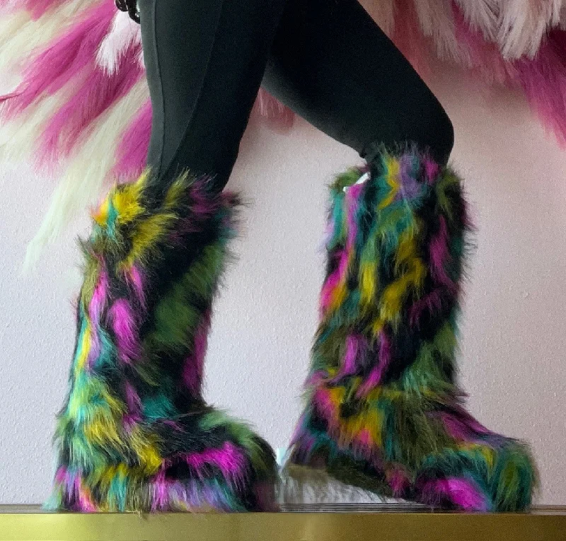 women's tribal knee-high boots-FONDA-5 Rainbow Multi Faux Fur Boot - Pull-On