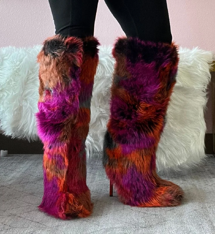 women's holographic platform sneakers-UPSETTER Orange Multi Faux Fur Boot - Stiletto Heel, approx 4" - Knee Boot