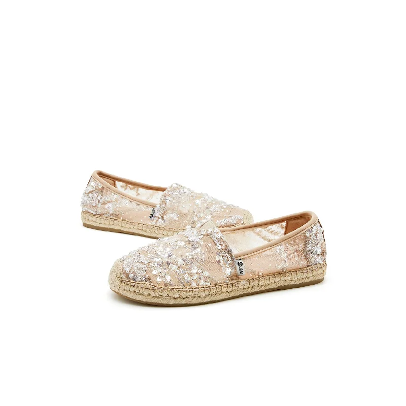 women's soft evening heels-Handmade Women’s Slip-On Espadrille Sequin Mesh Loafers in Pink-05328W