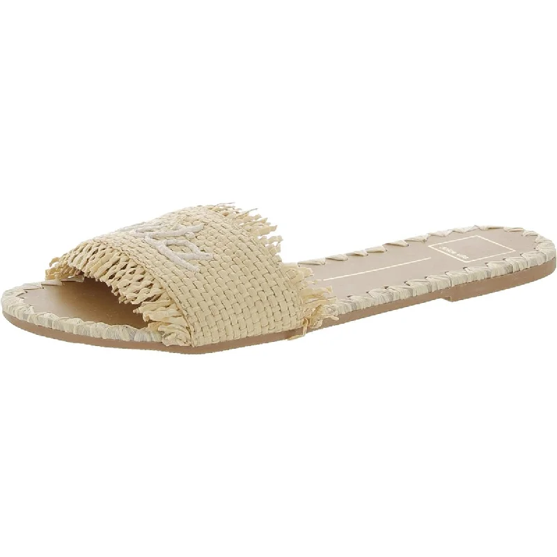 women's cozy running flats-Dolce Vita Womens CAMINO Leather Raffia Slide Sandals