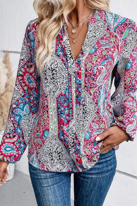 female corduroy bombers-Printed Notched Long Sleeve Shirt