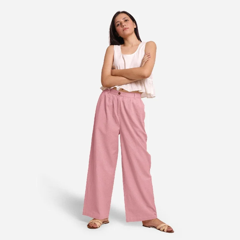 women’s chenille pullovers-Pink Cotton Flax Elasticated Wide Legged Straight Pant