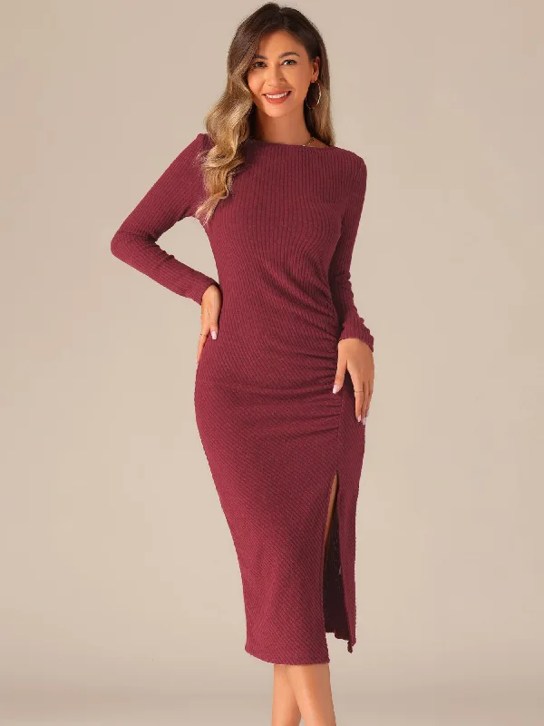 women’s aerobics tees-Casual Long Sleeve Crew Neck Ruched Slit Knitted Midi Sweater Dress