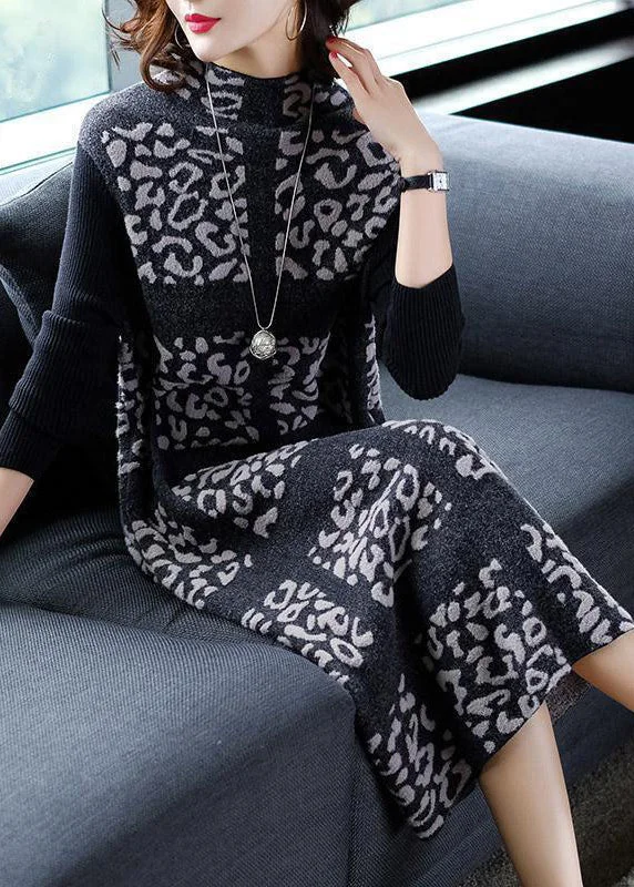 ladies rope sandals-Unique Black Stand Collar Print Long Knit Dress Winter