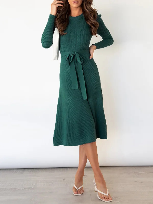 women’s flared joggers-Puff Long Sleeves Knitted Lace-Up Midi Sweater Dress