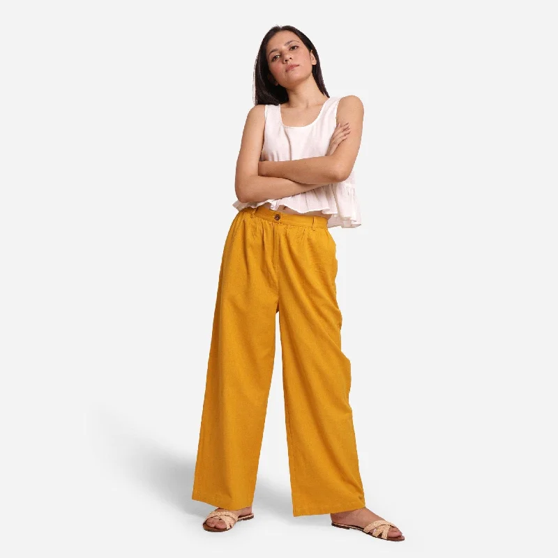 ladies rope heels-Mustard Cotton Flax Elasticated Wide Legged Pant