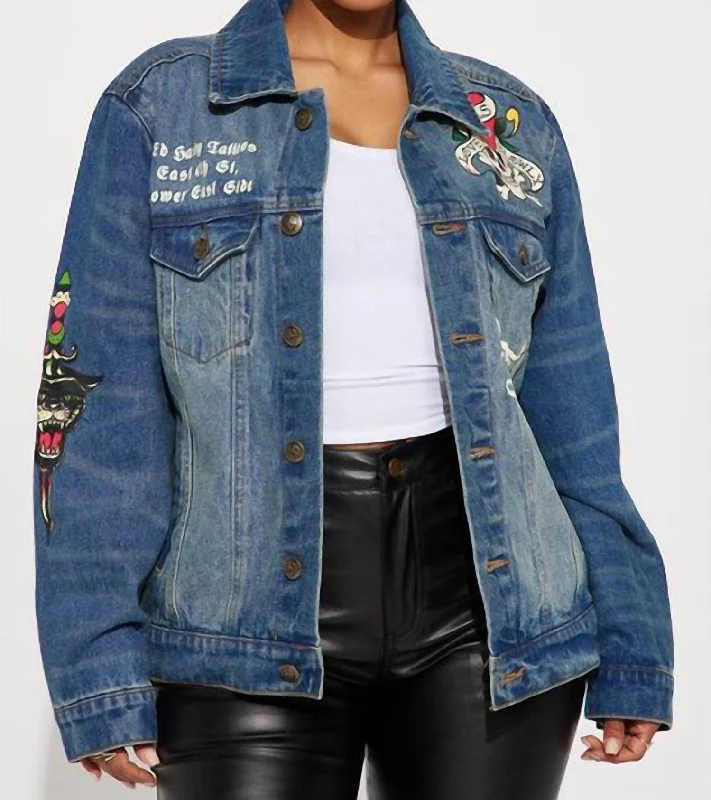 women’s herringbone jackets-Flame Skull Denim Jacket In Medium Tint