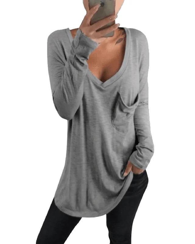 women’s rainproof vests-Women Casual V Neck Long Sleeve Loose Baggy Solid T Shirts with Pocket