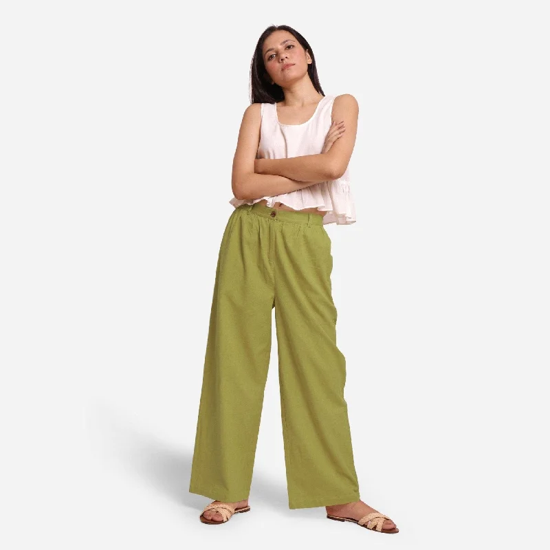 female wool bombers-Olive Green Cotton Flax Elasticated Wide Legged Pant