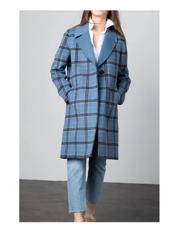 women’s kickboxing tanks-Plaid Notch Collar Coat In Blue Multi