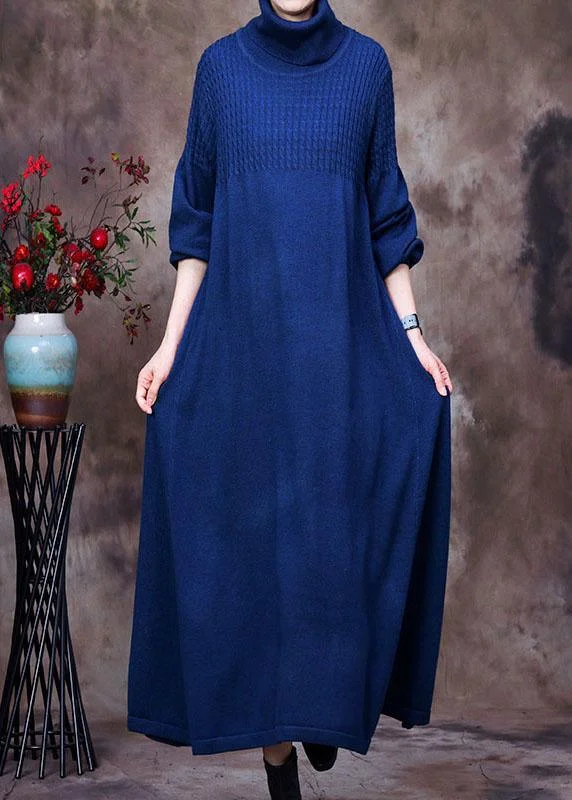 women’s eyelet camisoles-Plus Size Blue Turtle Neck Long Knit Dress Winter