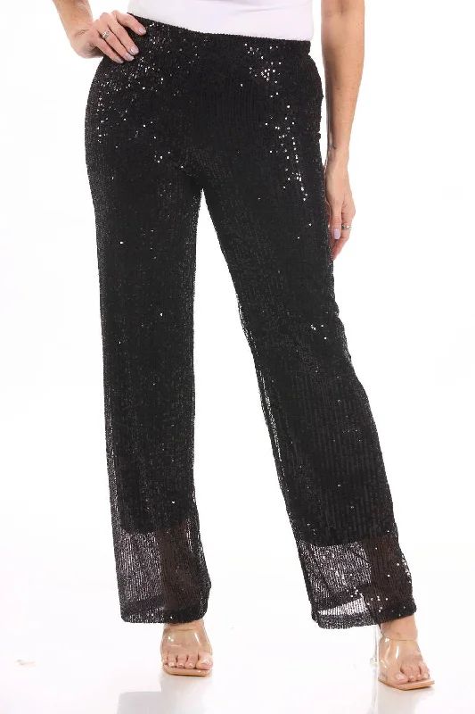 ladies refined outfits-Sequin Straight Pants In Black