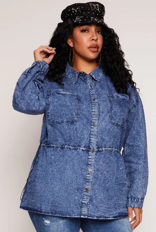 female denim ruffled skirts-Plus Size Toggle Drawstring Waist Acid Wash Shirt