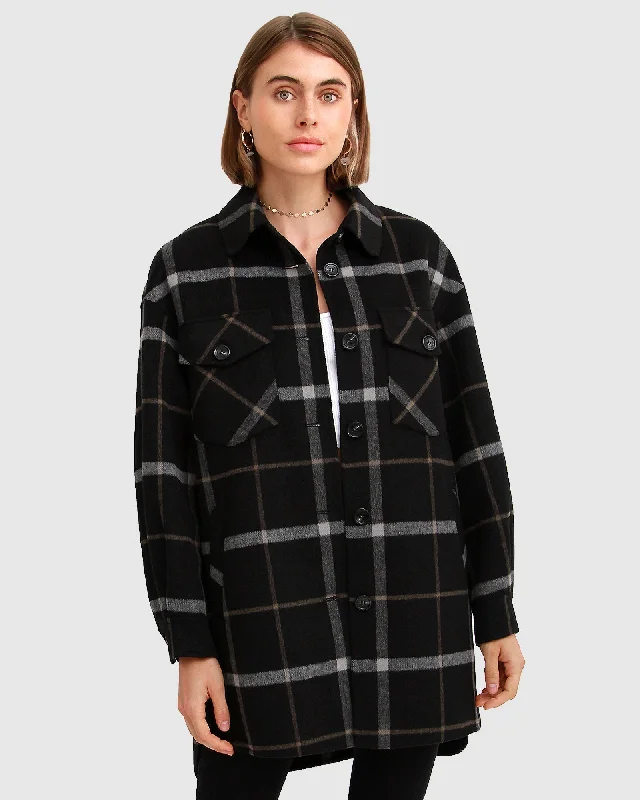 women’s seersucker skirts-River’s Edge Plaid Shacket - Black Plaid