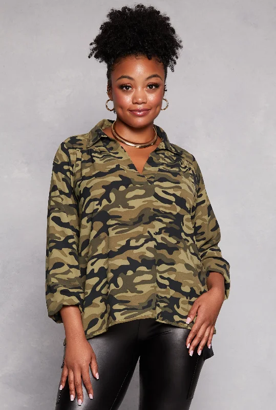 ladies tie-shoulder tops-Plus Size Camo Collared V Neck Puff Sleeve Blouse