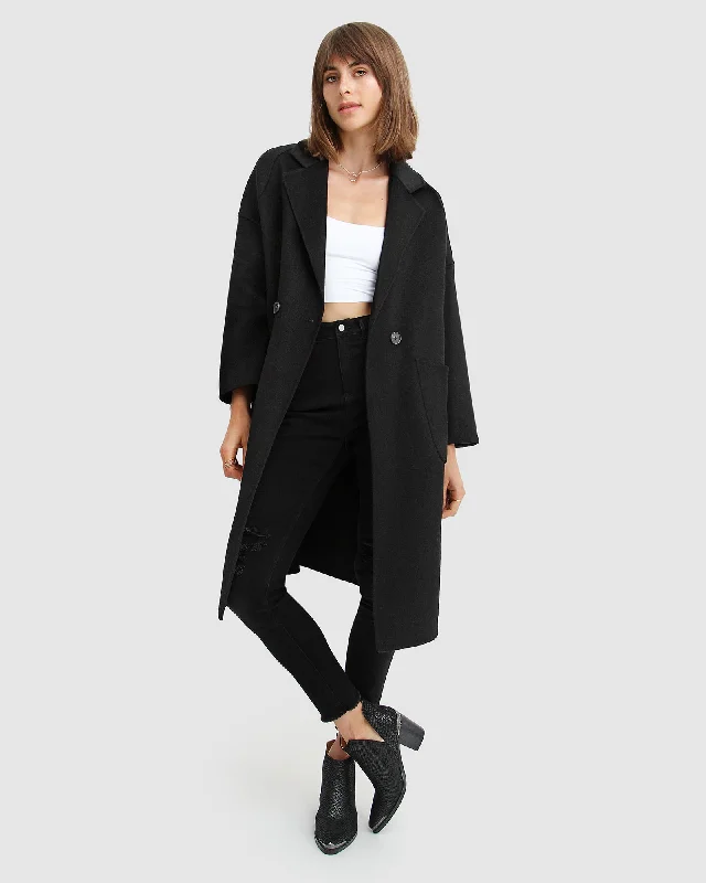 female jacquard-overlay tops-Publisher Double-Breasted Wool Blend Coat - Black