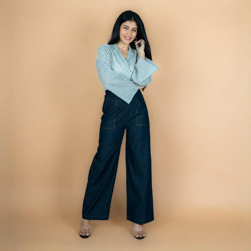 female velvet-trim tops-Indigo Cotton Denim High-Rise Flared Comfort Fit Wide Legged Pant