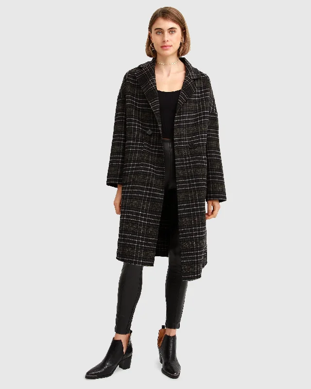 female lakeside kaftans-Publisher Double-Breasted Wool Blend Coat - Black Plaid