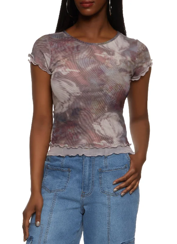 ladies shirred blouses-Double Layer Printed Mesh Lettuce Hem Tee