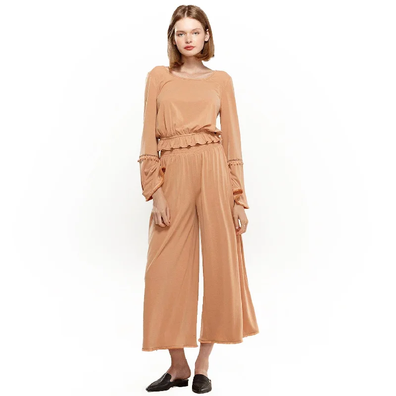 ladies stylish outfits-Smocked Waist Wide Leg Palazzo Pants in Apricot