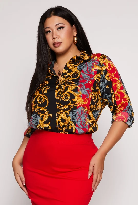 women’s plaid dresses-Plus Size Color Block Baroque Print Shirt