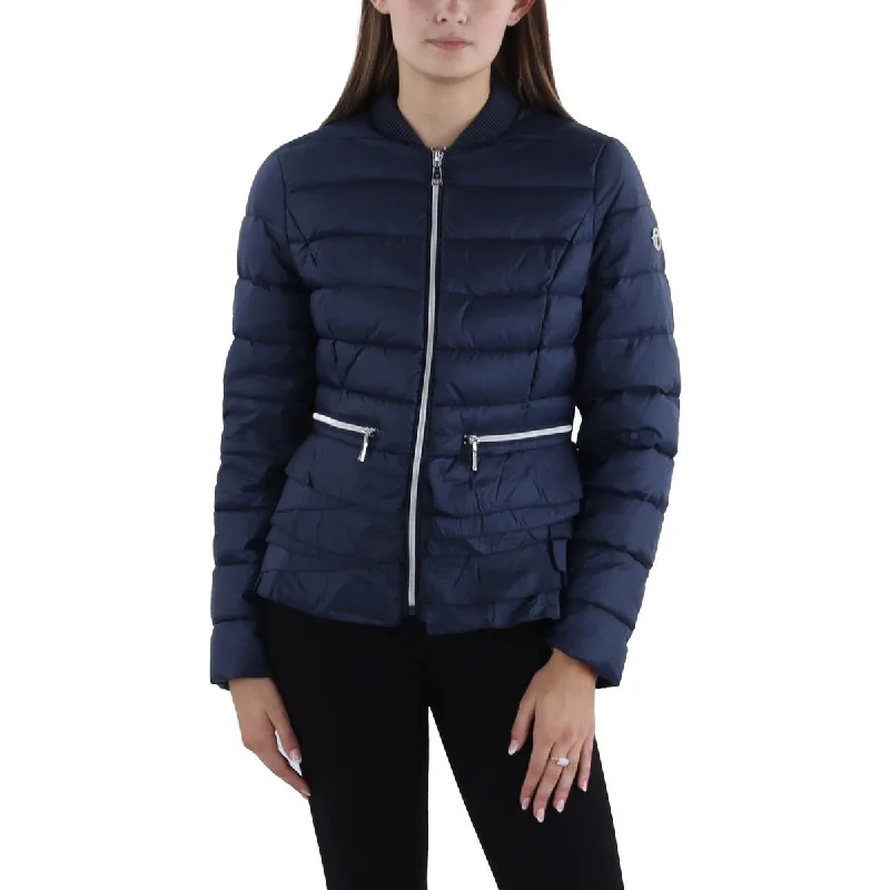 women’s tweed jackets-Tahari Womens Insulated Ruffled Trim Puffer Jacket