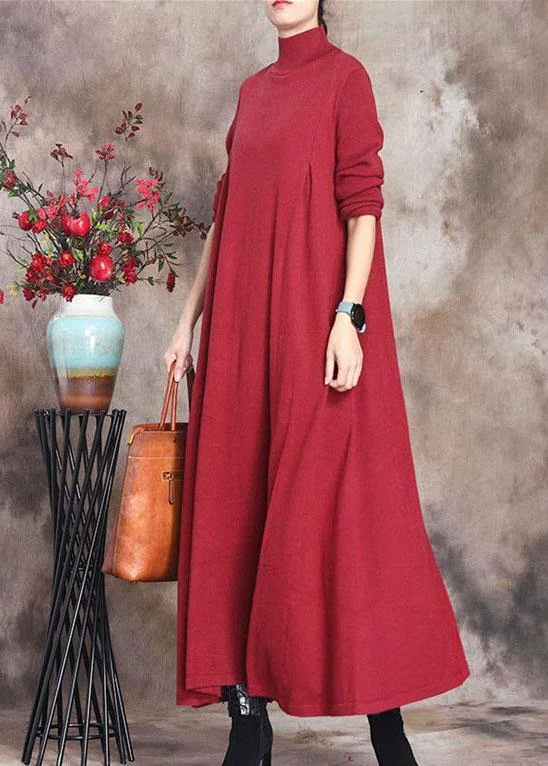 ladies gabardine bombers-Fashion Red retro Knit slim fit Fall Long Sweater Dress