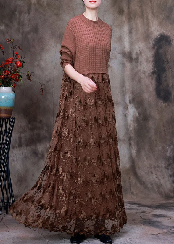 women’s ribbed sweaters-Coffee Patchwork Knit Long Knit Dress Asymmetrical Winter