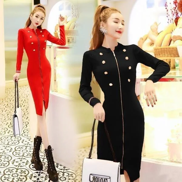 long sleeve plus size cotton women casual bodycon midi autumn winter knitted sweater dress