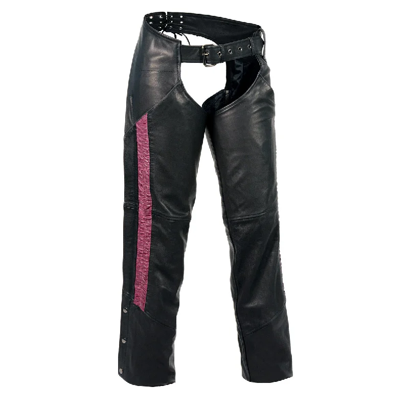 female pearl-embellished tops-Milwaukee Leather Women's Black and Fuchsia Leather Hip Set Chaps w/ Crinkled Leg Striping MLL6500