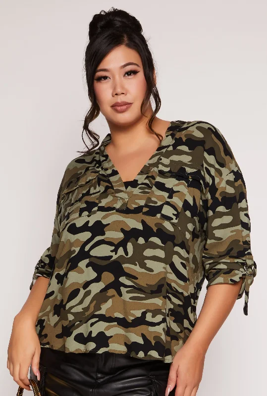 women’s pinstripe shirts-Plus Size Camo V Neck Pocket Detail Blouse