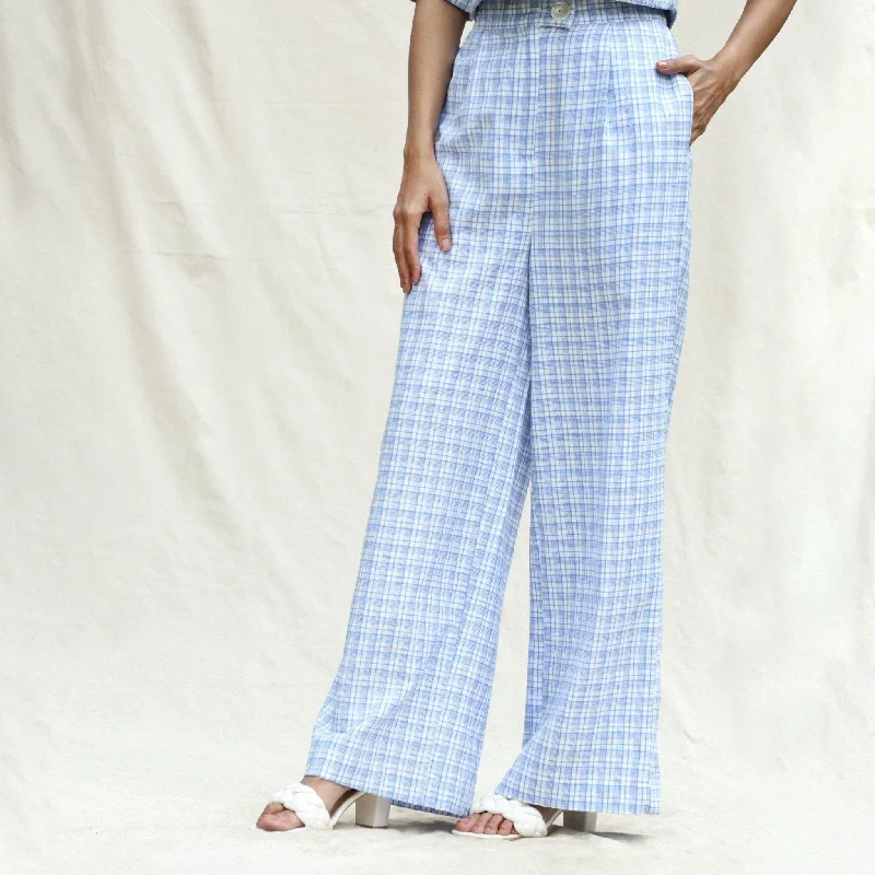 female organza-trim tops-Powder Blue Checks Cotton High-Rise Wide Legged Pant