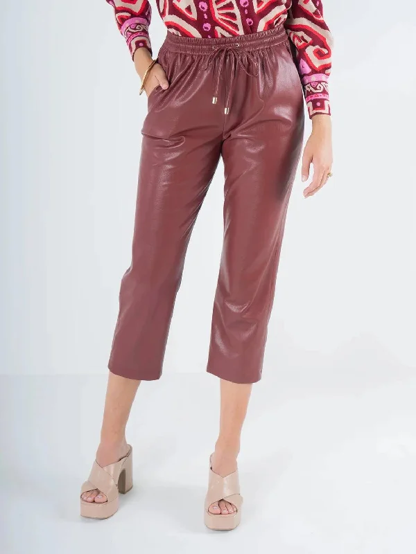 female tweed vests-Joy Faux Leather Jogger Pants In Fired Brick