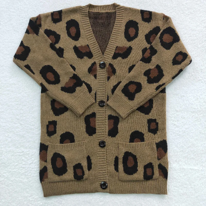 female satin-overlay blouses-long sleeve brown leopard sweater