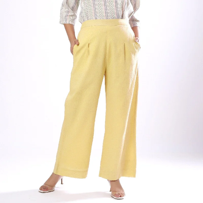 ladies draped blouses-Light Yellow Handspun Cotton Elasticated Wide Legged Pant