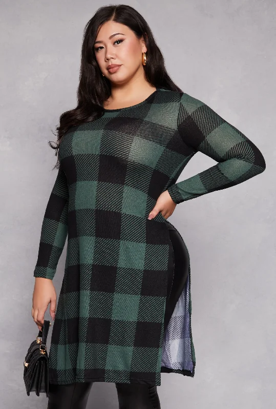 women’s sequined sundresses-Plus Size Buffalo Plaid Side Slit Tunic Top