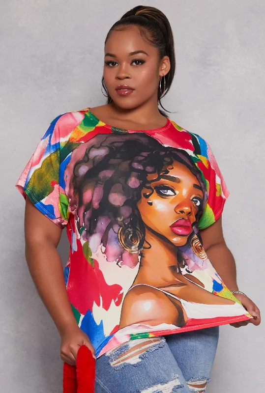 women’s fuzzy pullovers-Plus Size Afro Girl Graphic Print Top