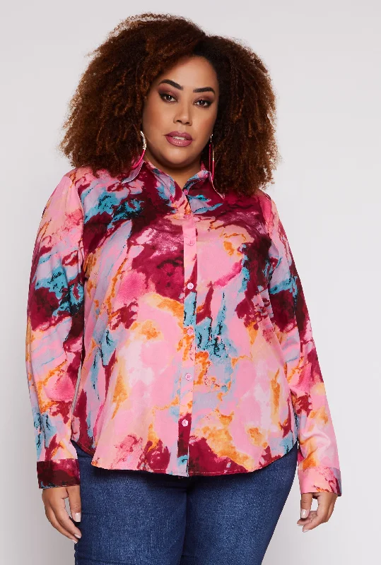 ladies draped blouses-Plus Size Marble Print Button Front Shirt