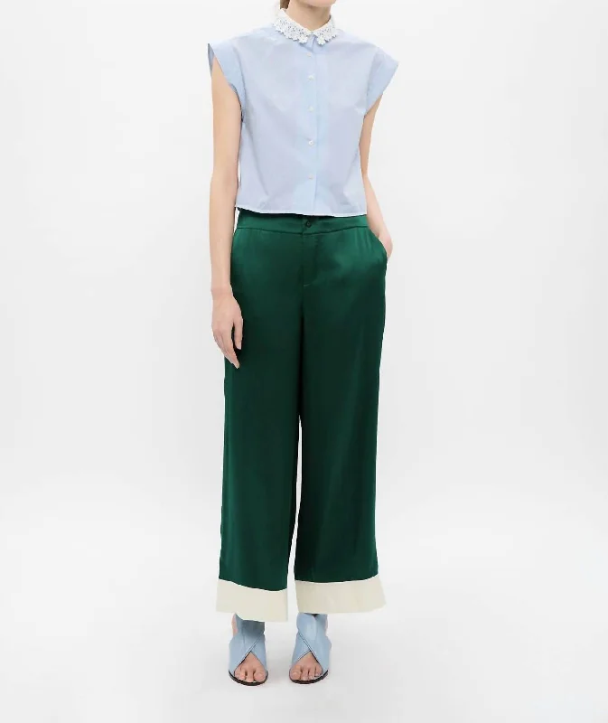 women’s ribbed pullovers-Relaxed Fit Silk Pants In Green